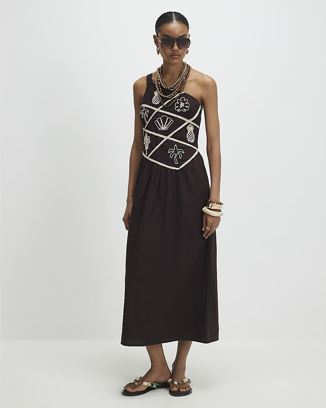 Brown Embroidered One Shoulder Maxi Dress | River Island UK & IE