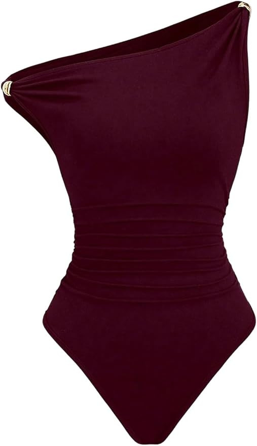 Milumia Women's Off The Shoulder Ruched Bodysuit Asymmetrical Metal Fitted Going Out Tops Jumpsui... | Amazon (US)