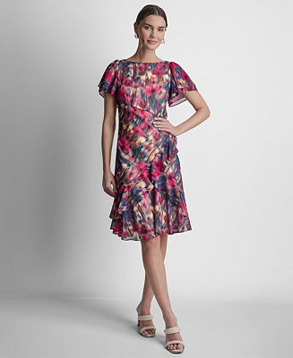 DKNY Women's Double Flutter Short-Sleeve Ruffle Hem Dress - Macy's | Macy's