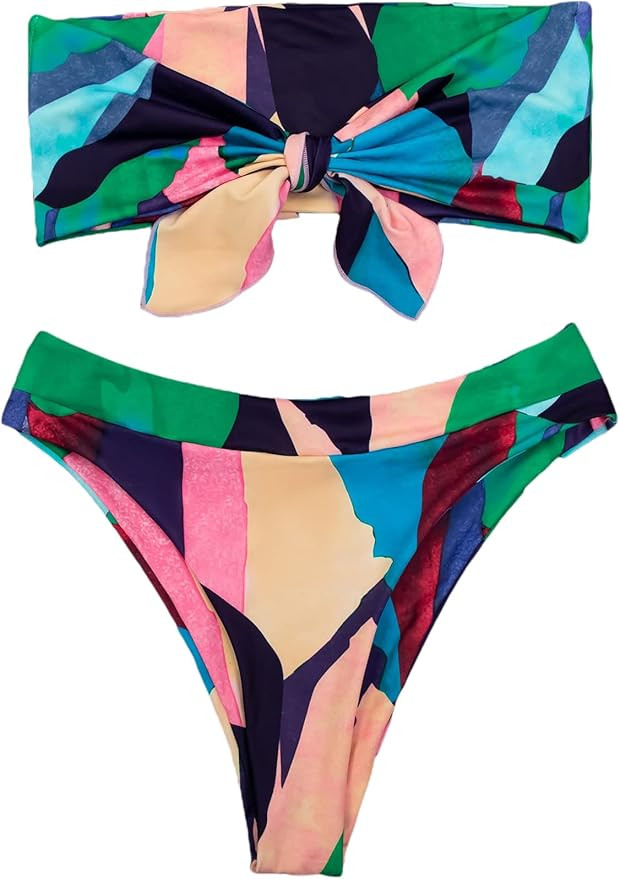 SheIn Women's Graphic Swimsuit Tie Front Bandeau and High Waist Panty Bikini Set Bathing Suit | Amazon (US)