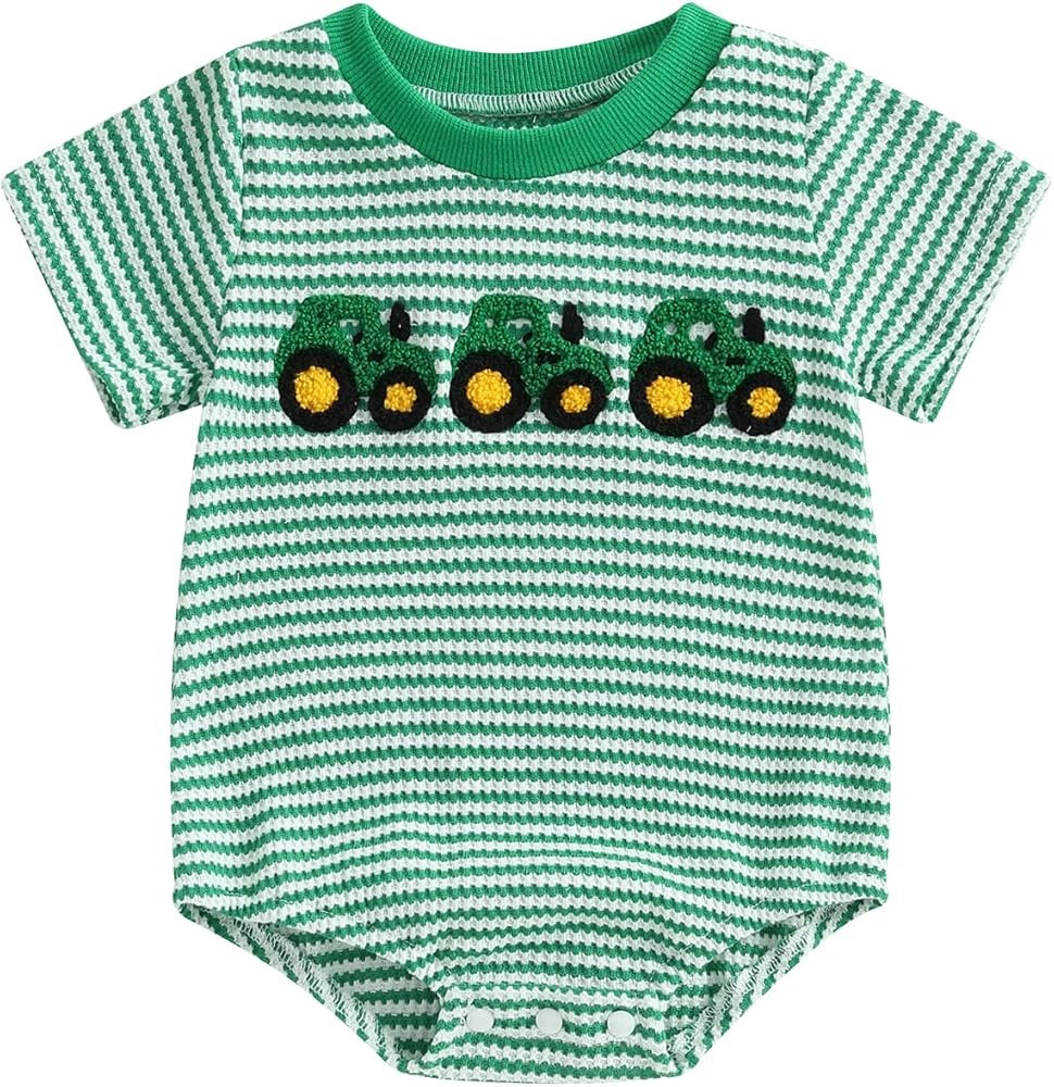 Newborn Baby Boy Girl Summer Outfit Striped Bubble Romper Waffle Farm Tractor Short Sleeve Bodysu... | Amazon (US)