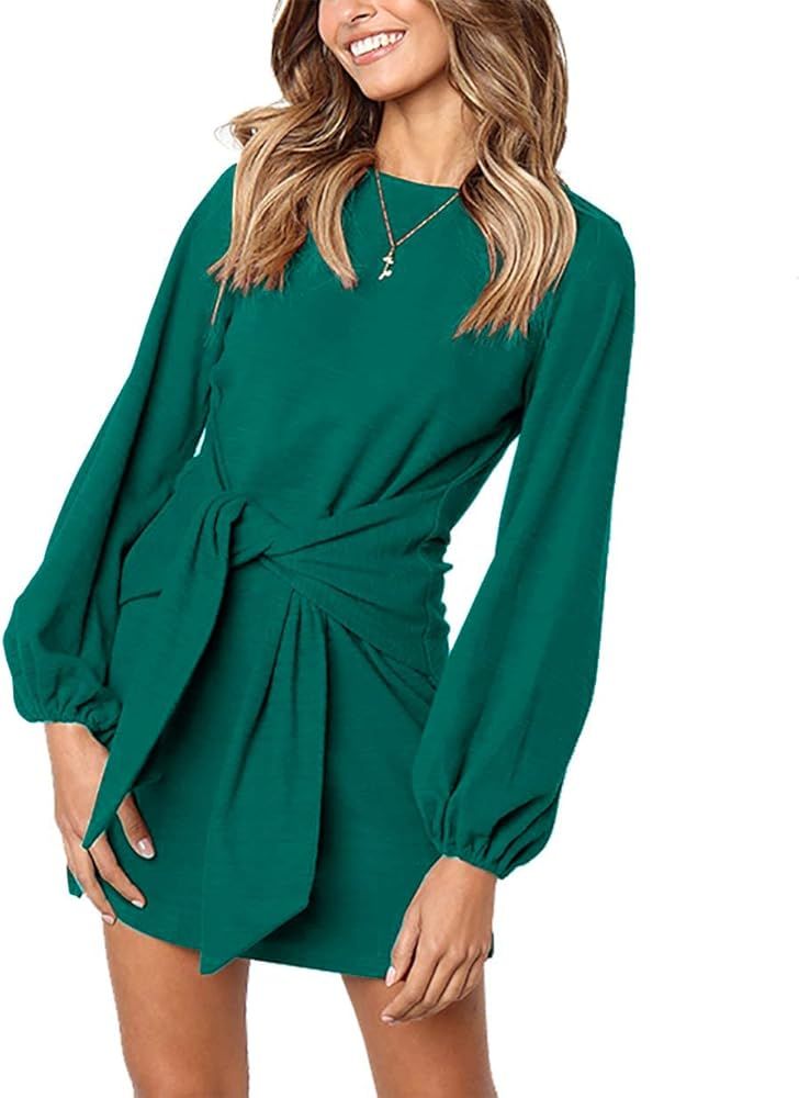 PRETTYGARDEN Women's Elegant Long Lantern Sleeve Short Dress Crewneck Tie Waist Knit Cocktail Dress | Amazon (US)