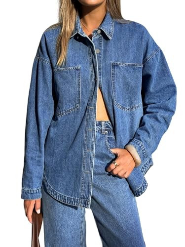 EMMIOL Women Denim Shirts Oversized Long Sleeve Button Down Blouse Distresse Jean Jacket Fall Outfits 2026 Mid Blue,2XL | Amazon (US)