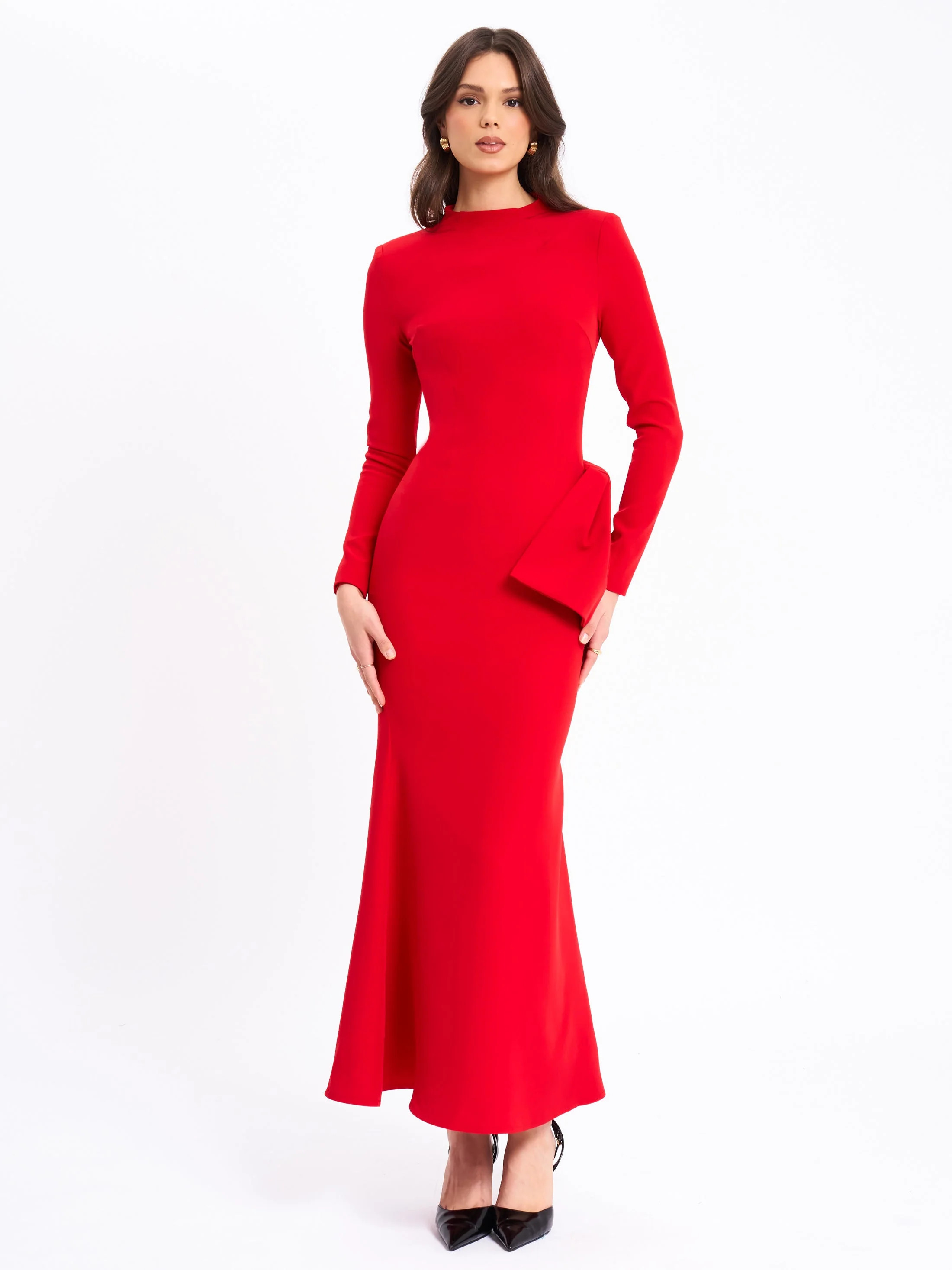 Miss Circle Women Radha Red Backless Longsleeve Maxi Dress with Bow | Shop Simon