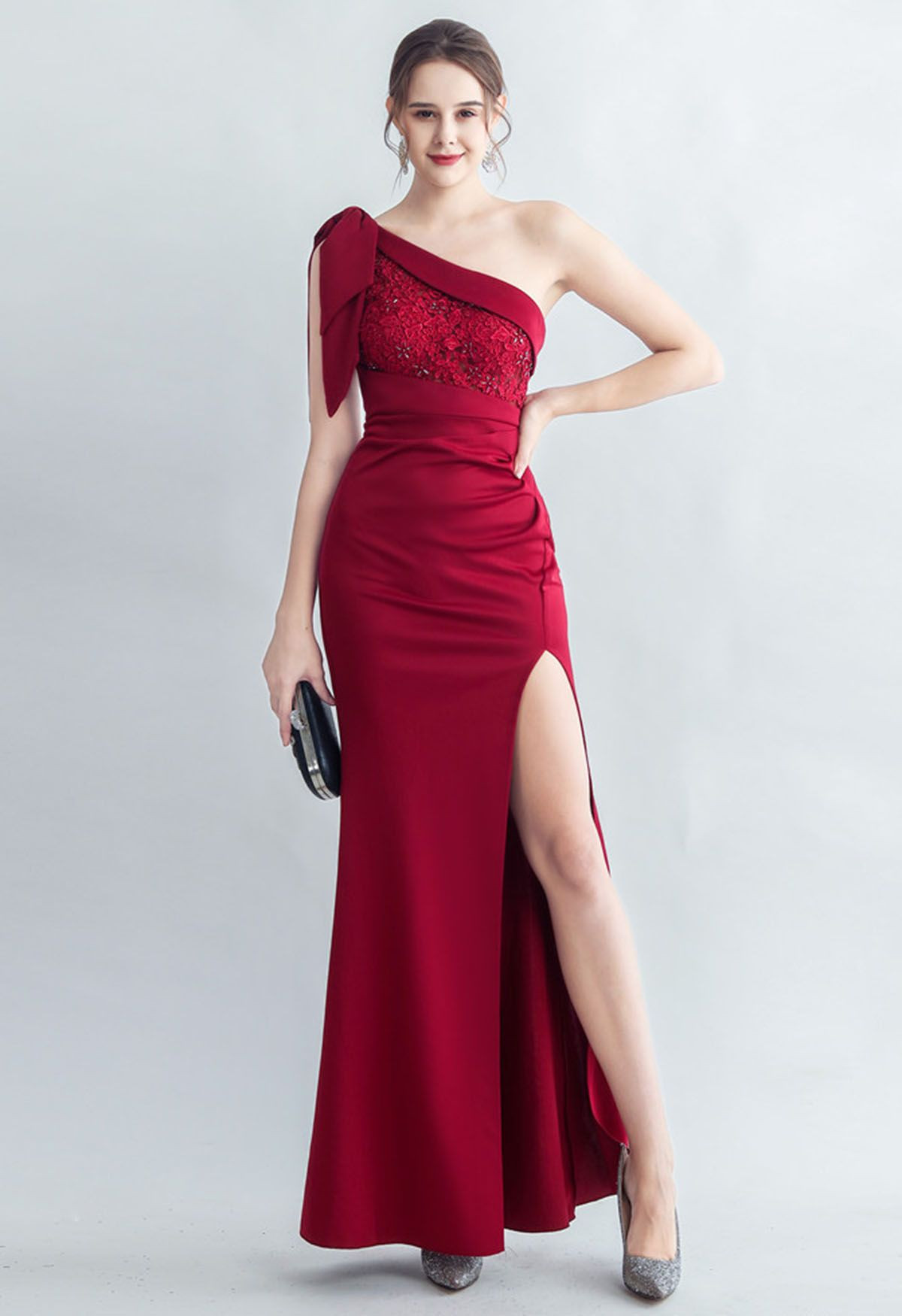 Bowknot One-Shoulder Embroidered Split Gown in Burgundy | Chicwish