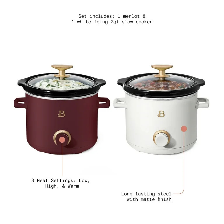 Beautiful 2 qt Slow Cooker Set, 2-Pack, White Icing and Merlot by Drew Barrymore, 19340, 100 W | Walmart (US)