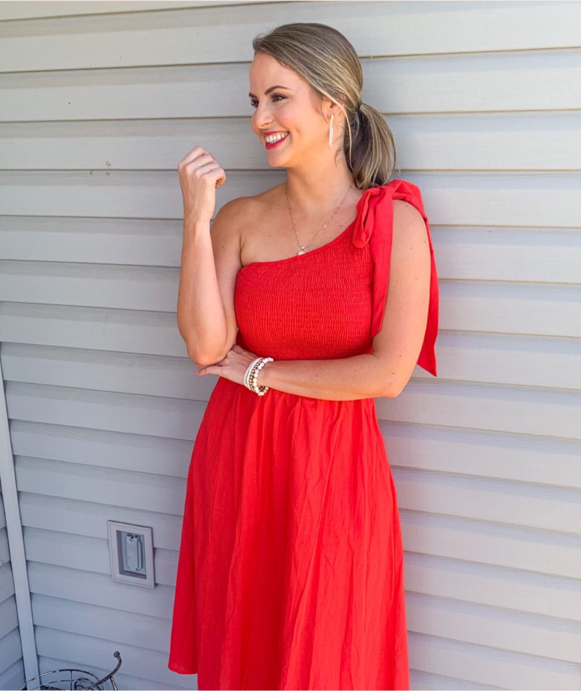 Amazon one shoulder statement bow dress!! Smocked top & off shoulder design. Hits mid calf. Super cute. Skirt is not lined- so just be aware of that! I didn’t find it to be see through though. 

#LTKFind #LTKSeasonal #LTKstyletip