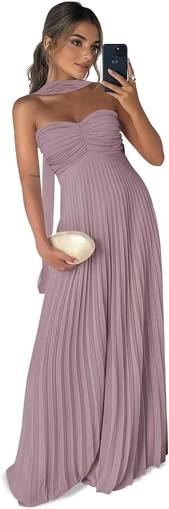Long Chiffon Bridesmaid Dresses for Women Pleated Strapless Maxi Formal Evening Gown with Long Sc... | Amazon (US)