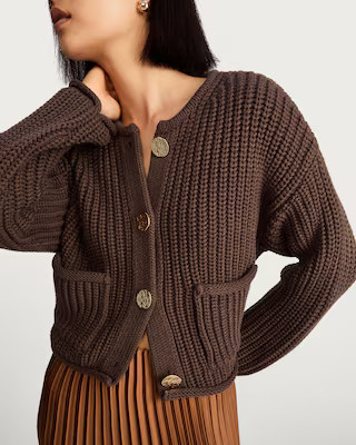 F&F Textured Gold Button Chunky Cardigan in Brown | Tesco F&F