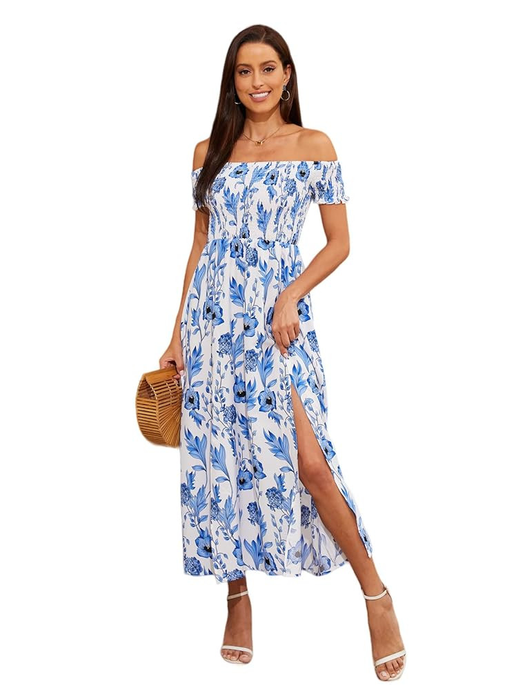 Floerns Women's Boho Floral Print Off Shoulder Split Long A Line Dress | Amazon (US)