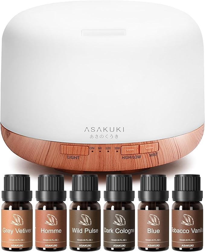 ASAKUKI Diffuser Set – 500ml Cool Mist Humidifier with 6 Masculine Essential Oils – Dark Colo... | Amazon (US)