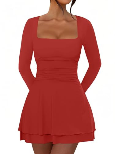 OKIFOIR Women's Square Neck Mini Dress Long Sleeve Ruffle Hem Ruched Waist Short Corset Party Dresses (Red,X-Large) | Amazon (US)