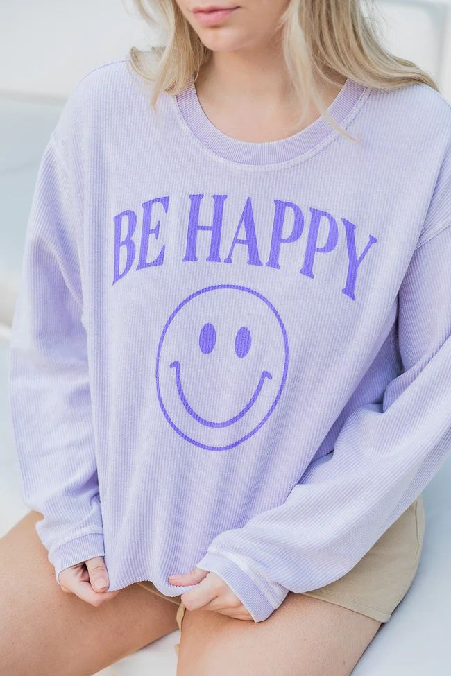 Be Happy Smiley Lilac Corded Graphic Sweatshirt | The Pink Lily Boutique