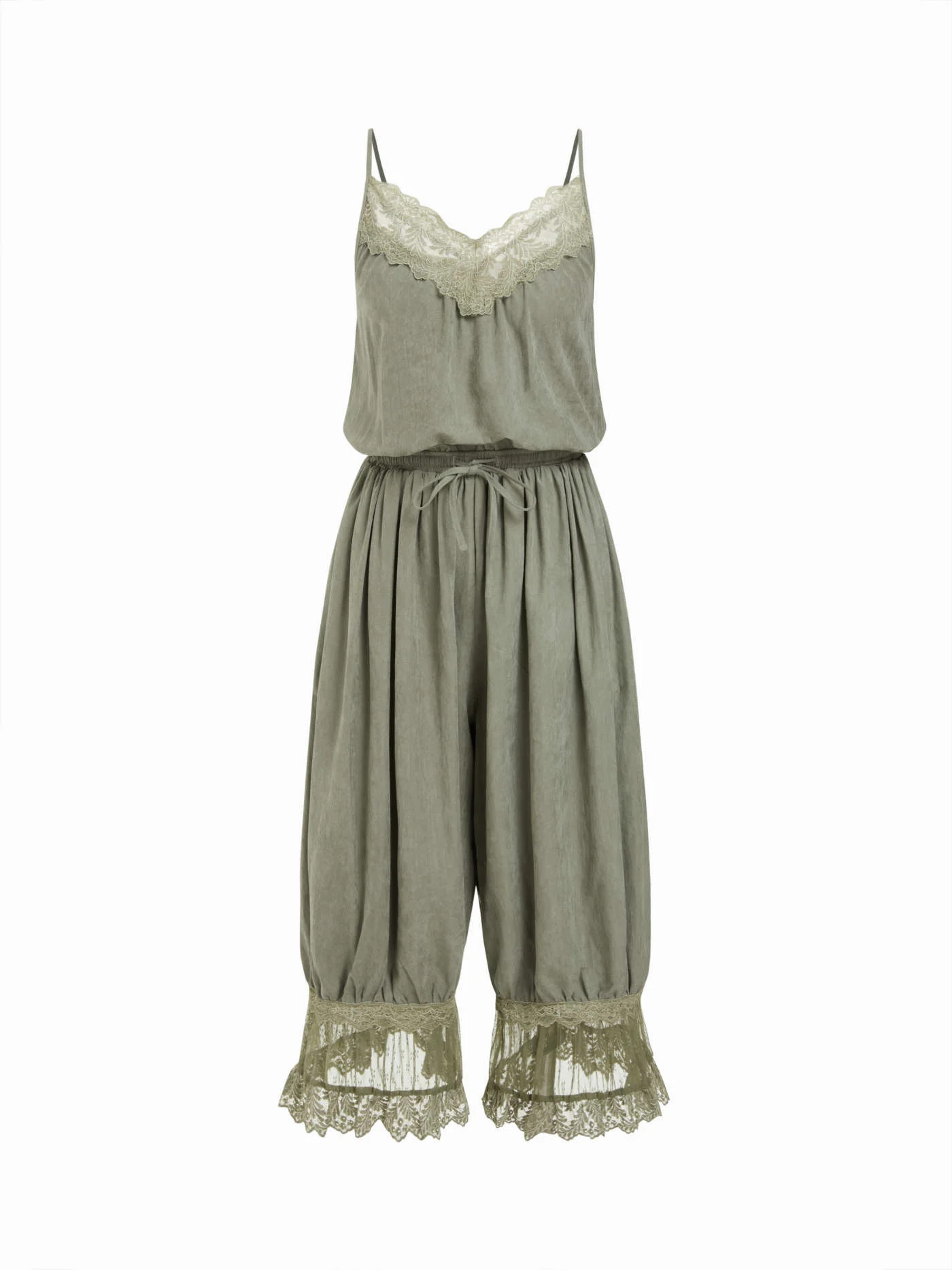 Woven V-neck Lace Panel Oversized Drawstring Bloomer Jumpsuit For Daily Casual Vacation Home | Cider