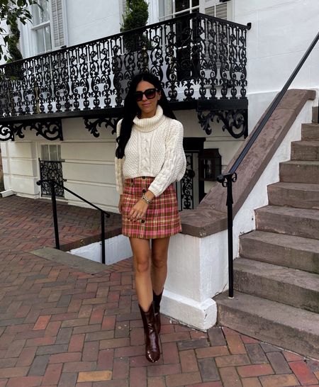 Fall city outfit — plaid skirt (wearing size 2), brown leather boots(wearing size 8), and cropped turtleneck sweater (sweater is similar, mine is sold out) 

#LTKSeasonal #LTKstyletip #LTKshoecrush