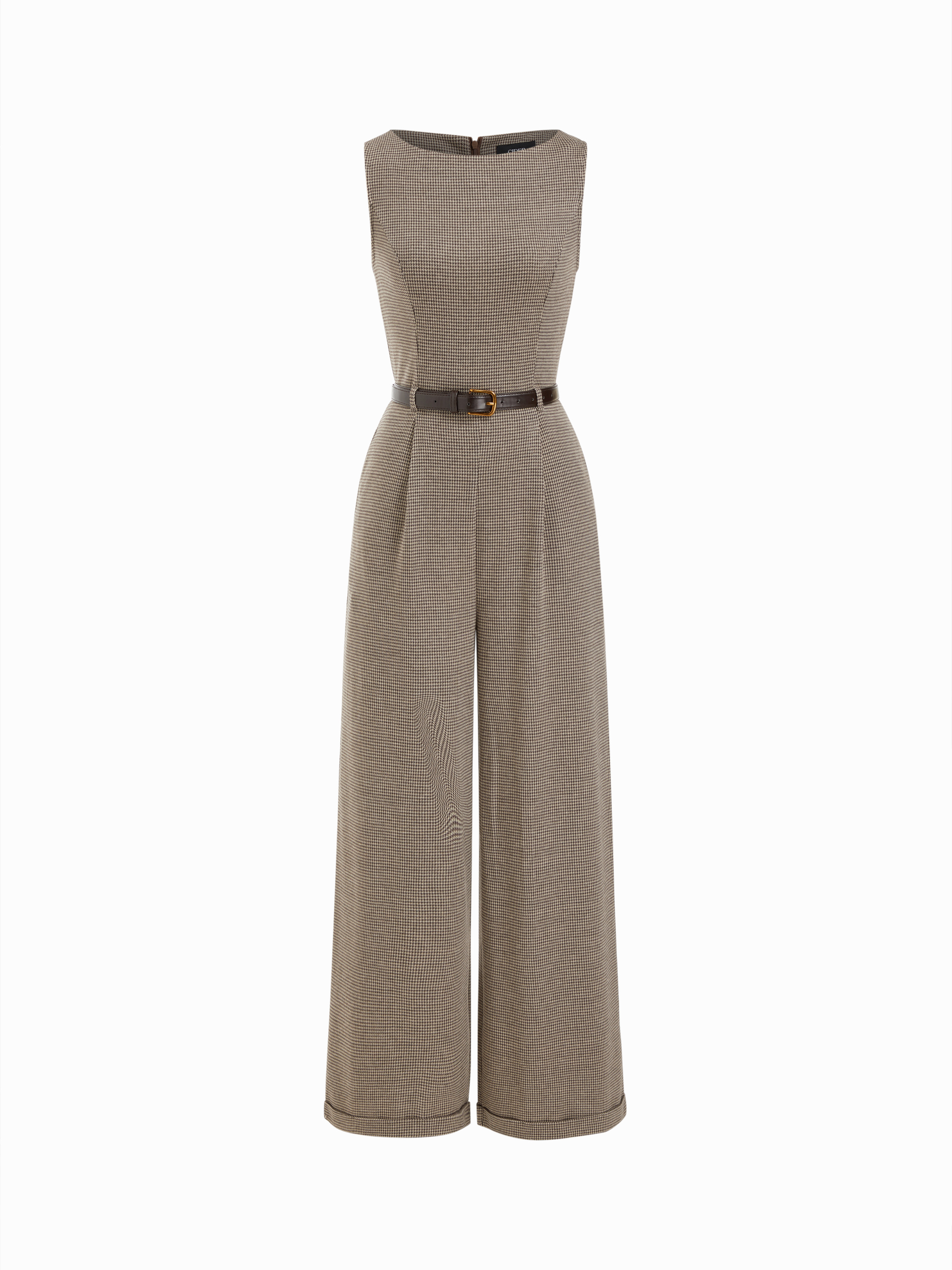 Knit Fabric Houndstooth Boat Neck Zipper Wide Leg Jumpsuit With Belt For Daily Casual Work | Cider