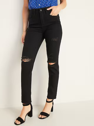High-Waisted Distressed Power Slim Straight Black Jeans For Women | Old Navy (US)