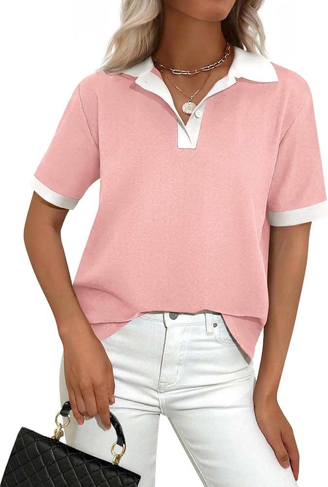 PRETTYGARDEN Summer Short Sleeve Polo Shirts for Women Collared V Neck Work Dressy Tops Knit Loos... | Amazon (US)
