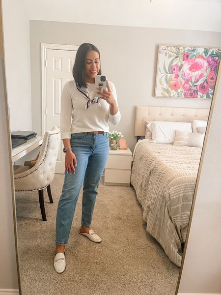 I love that silk scarves are trending! I styled mine with my favorite light weight sweater and straight leg jeans for an elevated casual look! 

- Cream Sweater: Size Medium 
- Straight Jeans: Size 27/4
- White Mules: Size 8 1/2 - Sized Up Half Sizee

#LTKfindsunder50 #LTKstyletip #LTKSeasonal