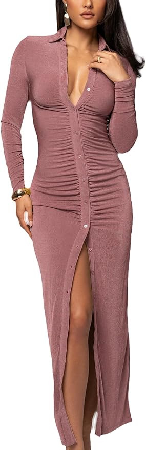 YouSexy Women's Sexy Button Down Ruched Stretchy Maxi Dress Long Sleeve Party Club Long Dresses | Amazon (US)