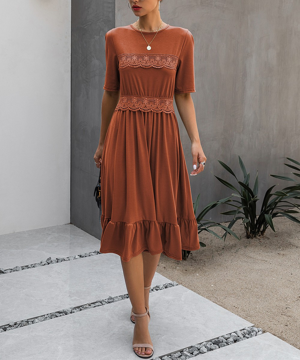 Supreme Fashion Women's Casual Dresses RUST - Rust Lace-Detail Ruffle-Hem Midi Dress - Women | Zulily