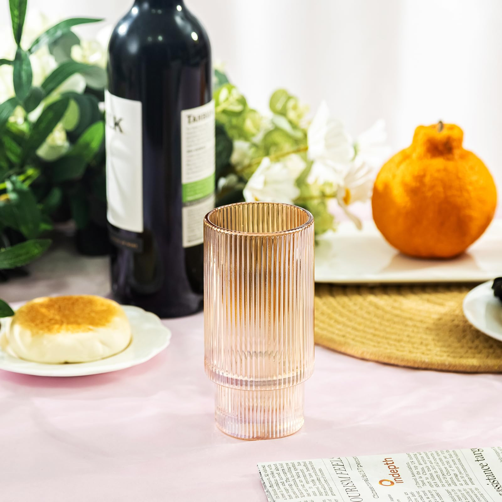 12 oz Ribbed Drinking Glasses Set of 6, Clear Vintage Iced Coffee Cups Elegant Glassware, Highbal... | Amazon (US)