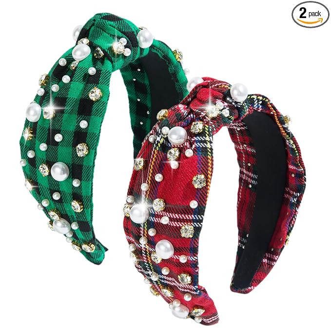 Christmas Headband for Women Rhinestone Crystal Jeweled Pearl Knotted Headband Fashion Ladies Wid... | Amazon (US)