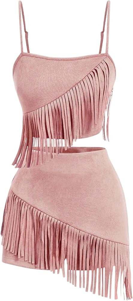 MakeMeChic Women's 2 Piece Cowgirl Outfits Suede Fringe Top and Shorts Sets | Amazon (US)
