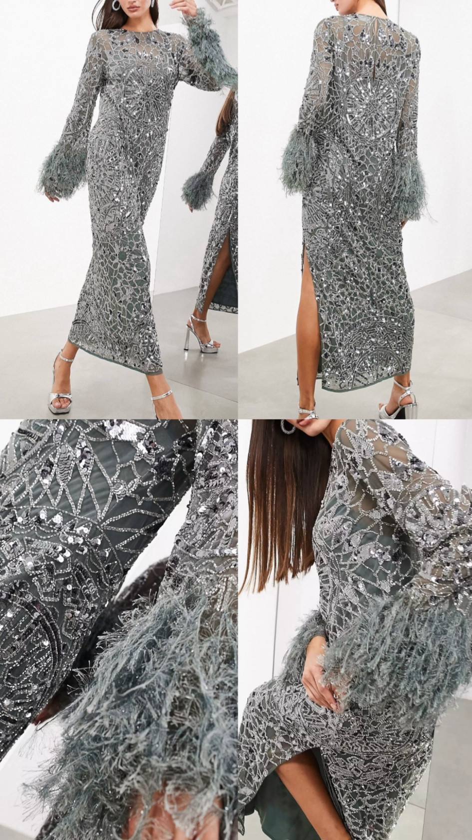 Long sleeve maxi dress. Geo embellished with faux feather cuff in charcoal. Sparkly rhinestones. Under £250. Wardrobe staple. Timeless. Gift guide idea for her. Luxury, elegant, clean aesthetic, chic look, feminine fashion, trendy look, gala, ball, wedding, special event, festive. Asos outfit idea. NYE luxury glam. 


#LTKluxury #LTKpartywear #LTKautumn