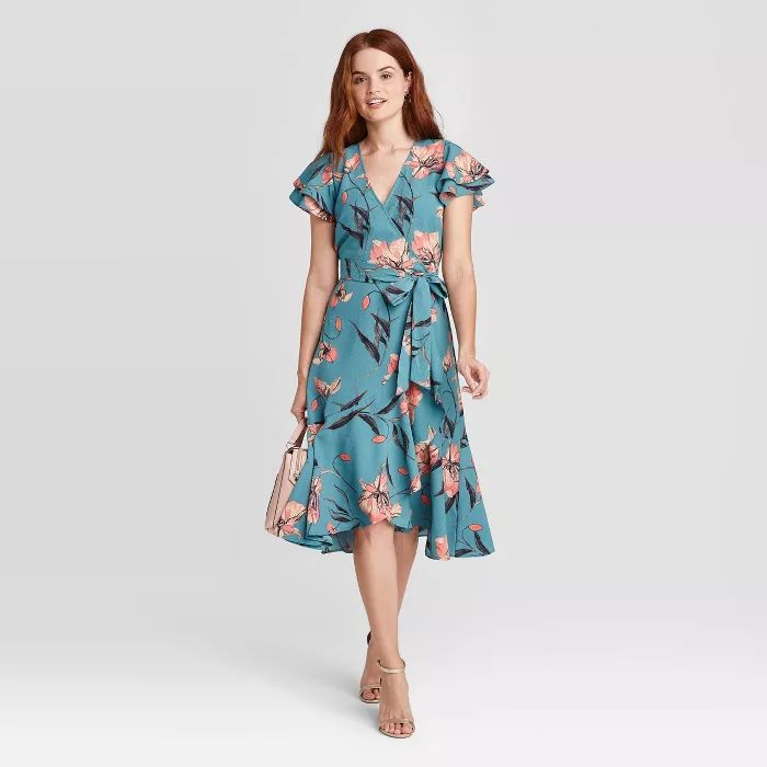 Women's Floral Print Ruffle Short Sleeve Wrap Dress - A New Day™ Blue | Target