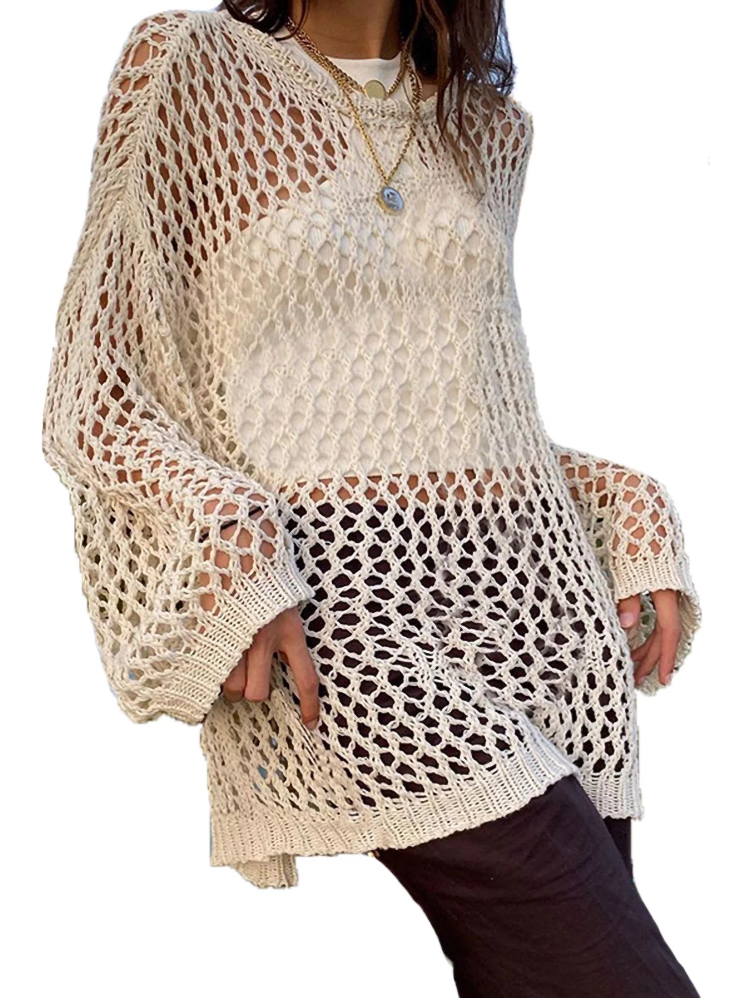 Women Hollow Out Crochet Sweater Vintage Fairycore Grunge Smock Knit Pullovers Fishnet Bathing Su... | Walmart (US)