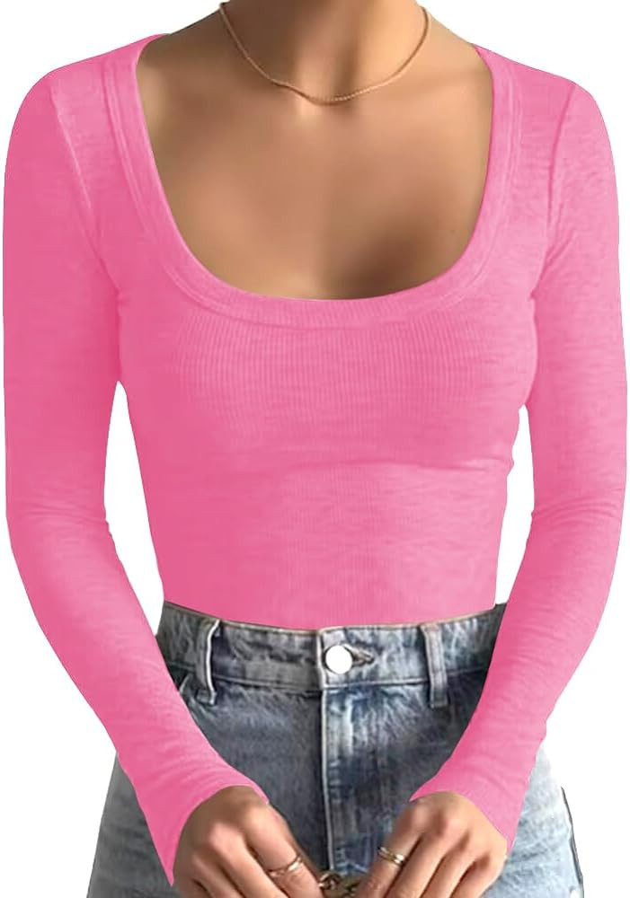 BINOVISOR Women's Casual Long Sleeve Square Neck Bodysuit Shirt Tops Sexy Ribbed Knit Basic Body ... | Amazon (US)