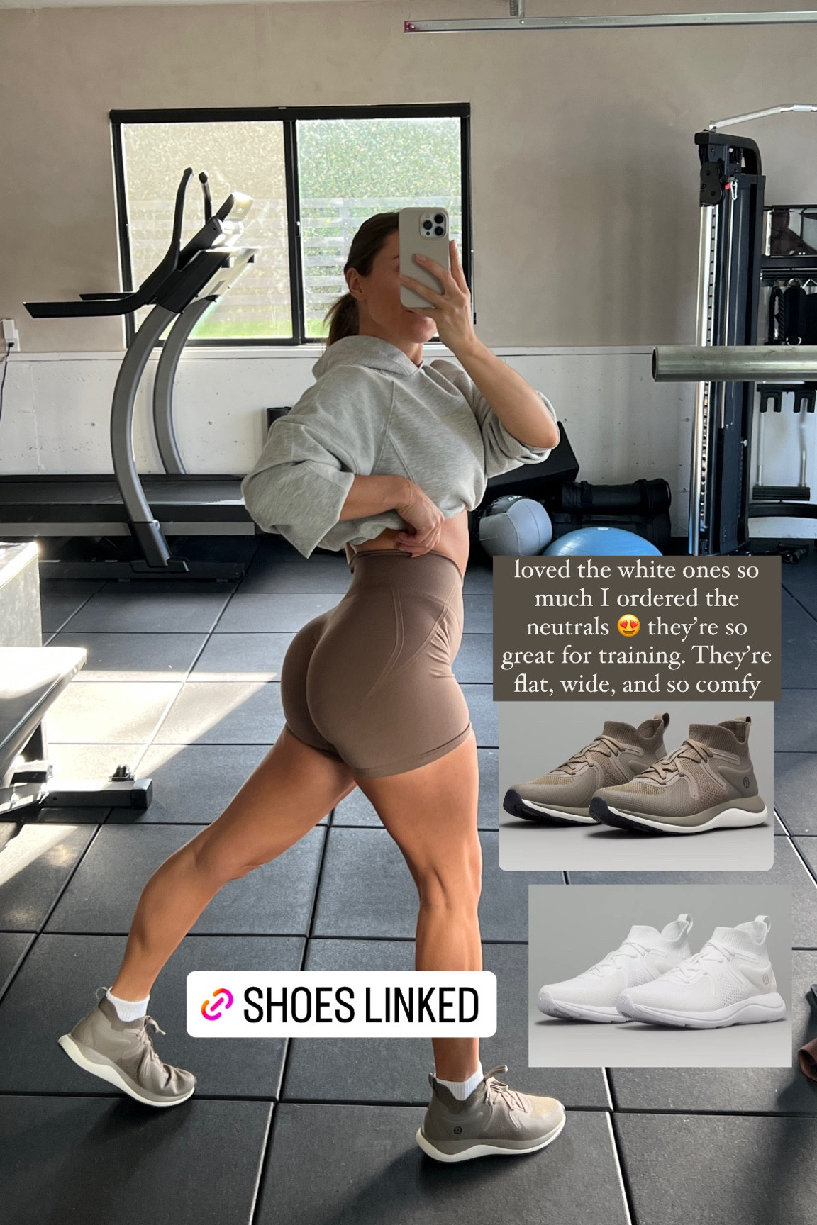 Obsessed with these trainers. I wear true to size and have both the white and the bone. Sweatshirt and sports bra linked too. Shorts are Oner Active 