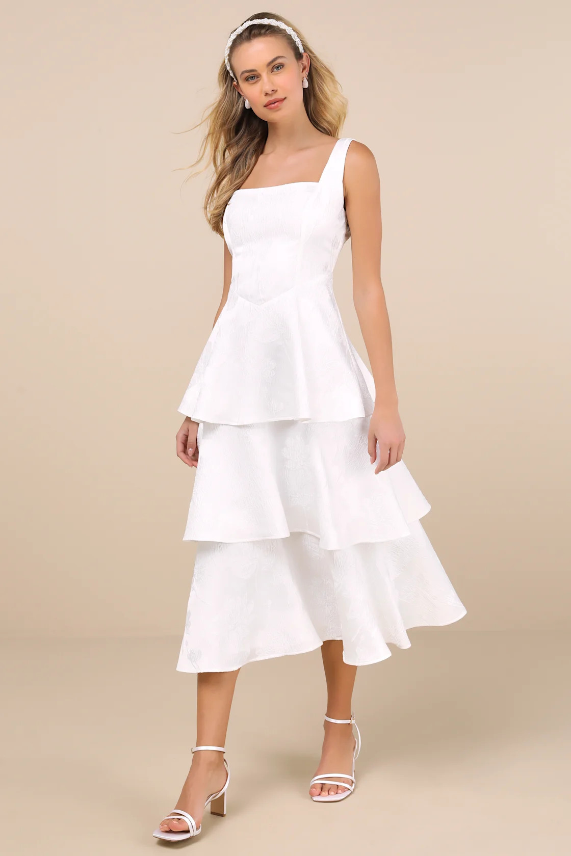Elinore White Jacquard Tiered Midi Dress | Lulus