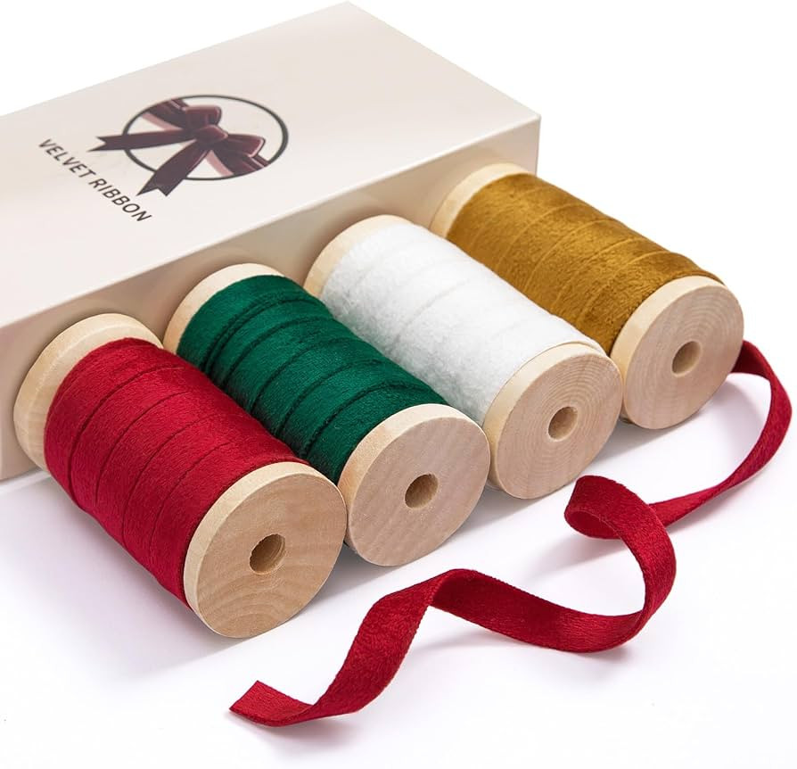 20 Yd Double Sided Velvet Ribbon 3/8" Velvet Christmas Ribbon for Gift Wrapping 4 Rolls Holiday R... | Amazon (US)