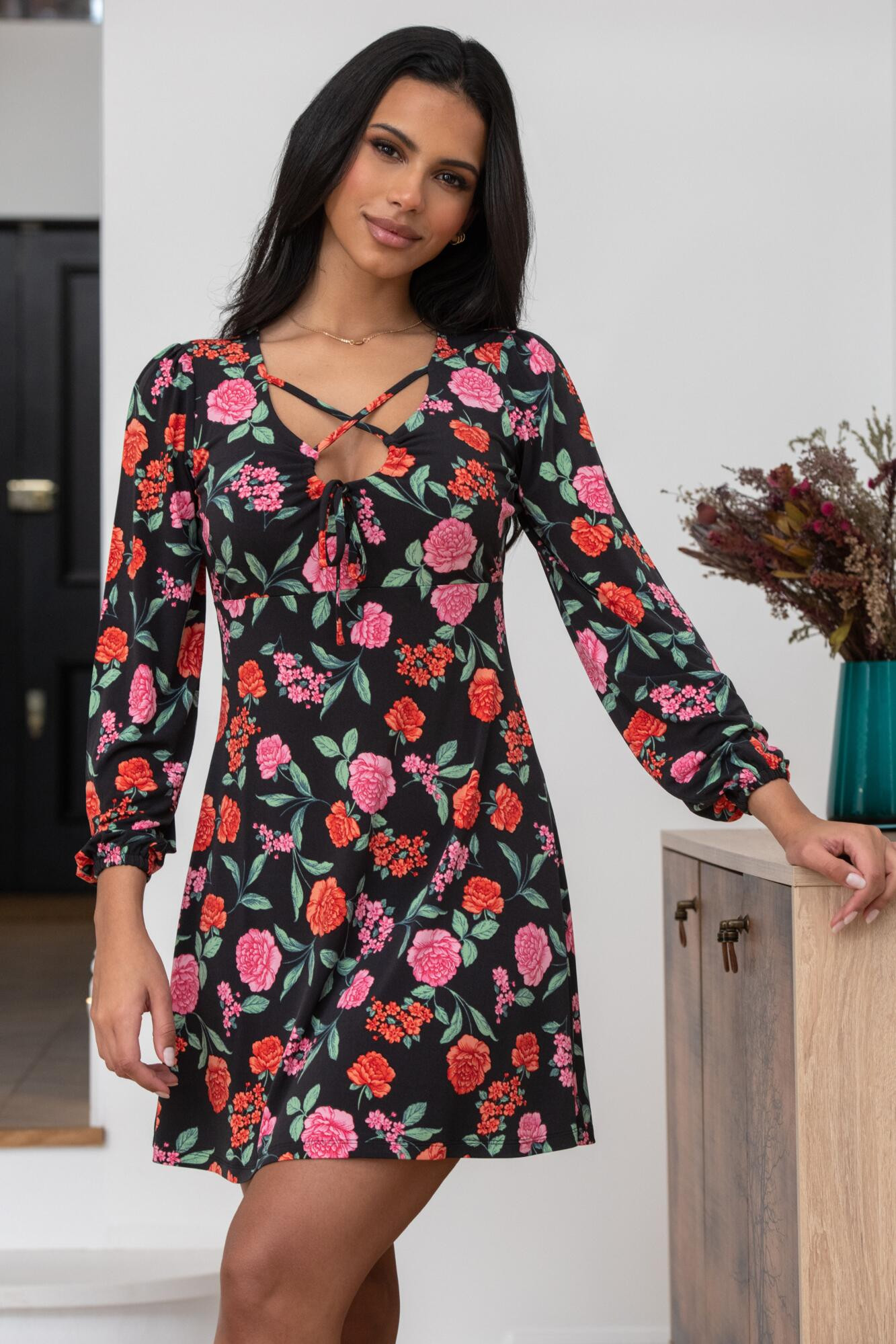 Bianca Cut Out Detail Slinky Stretch Dress - Black Floral | Pour Moi