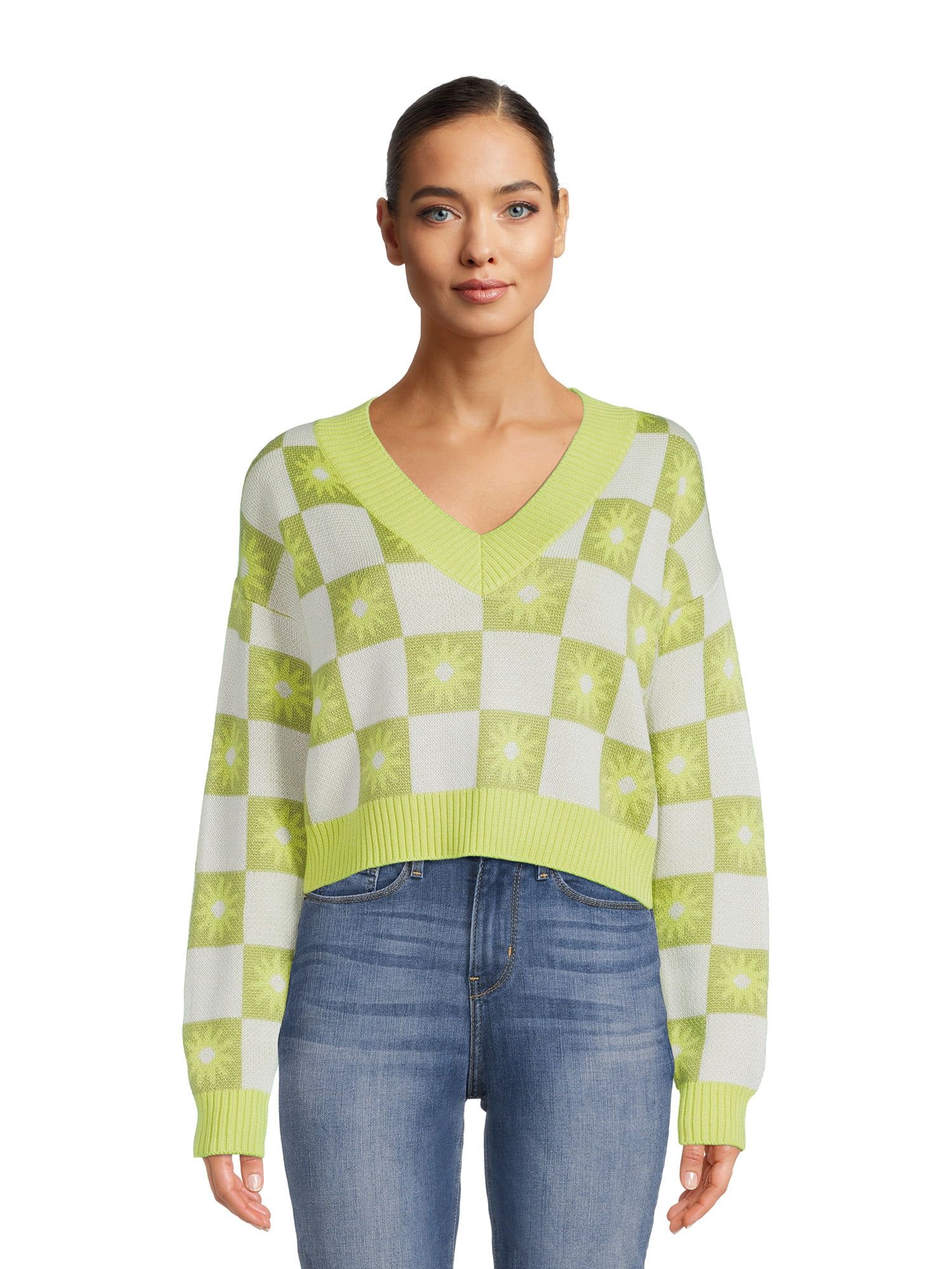 Madden NYC Juniors V-Neck Jacquard Sweater, Midweight | Walmart (US)