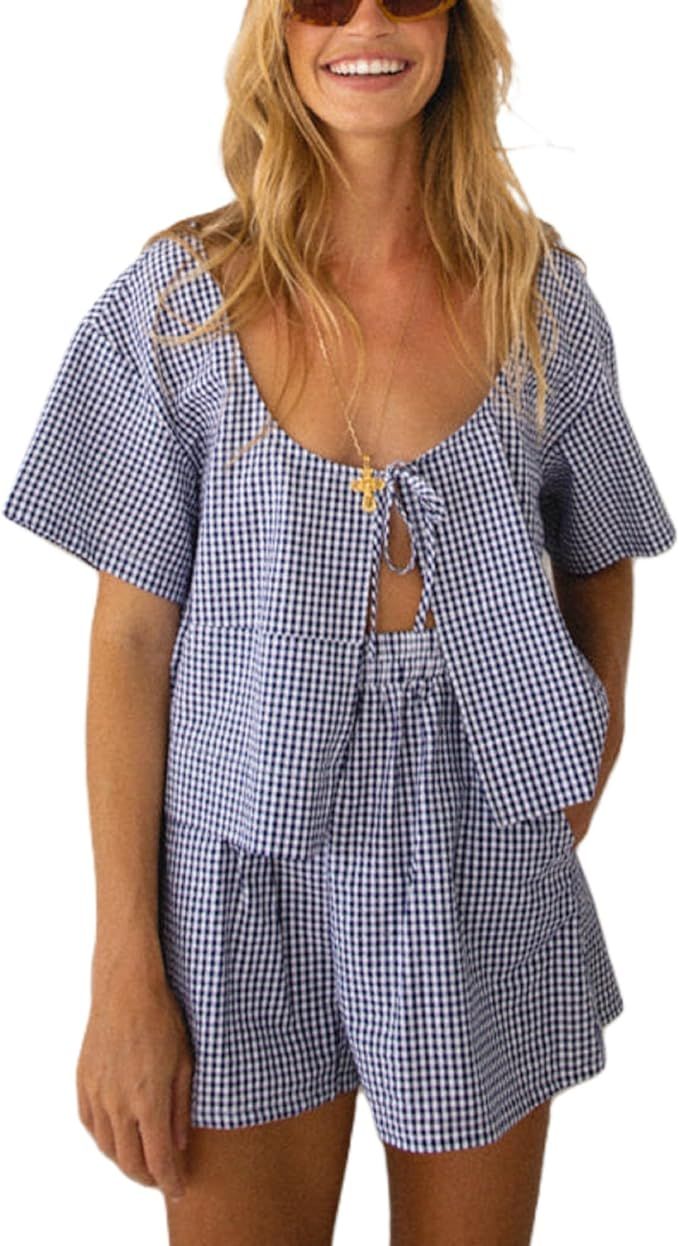 Women Tie Front Pajamas Sets Puff Sleeve Plaid Babydoll Shirt Ruffle Hem Shorts Y2k 2 Piece Pj Ma... | Amazon (US)