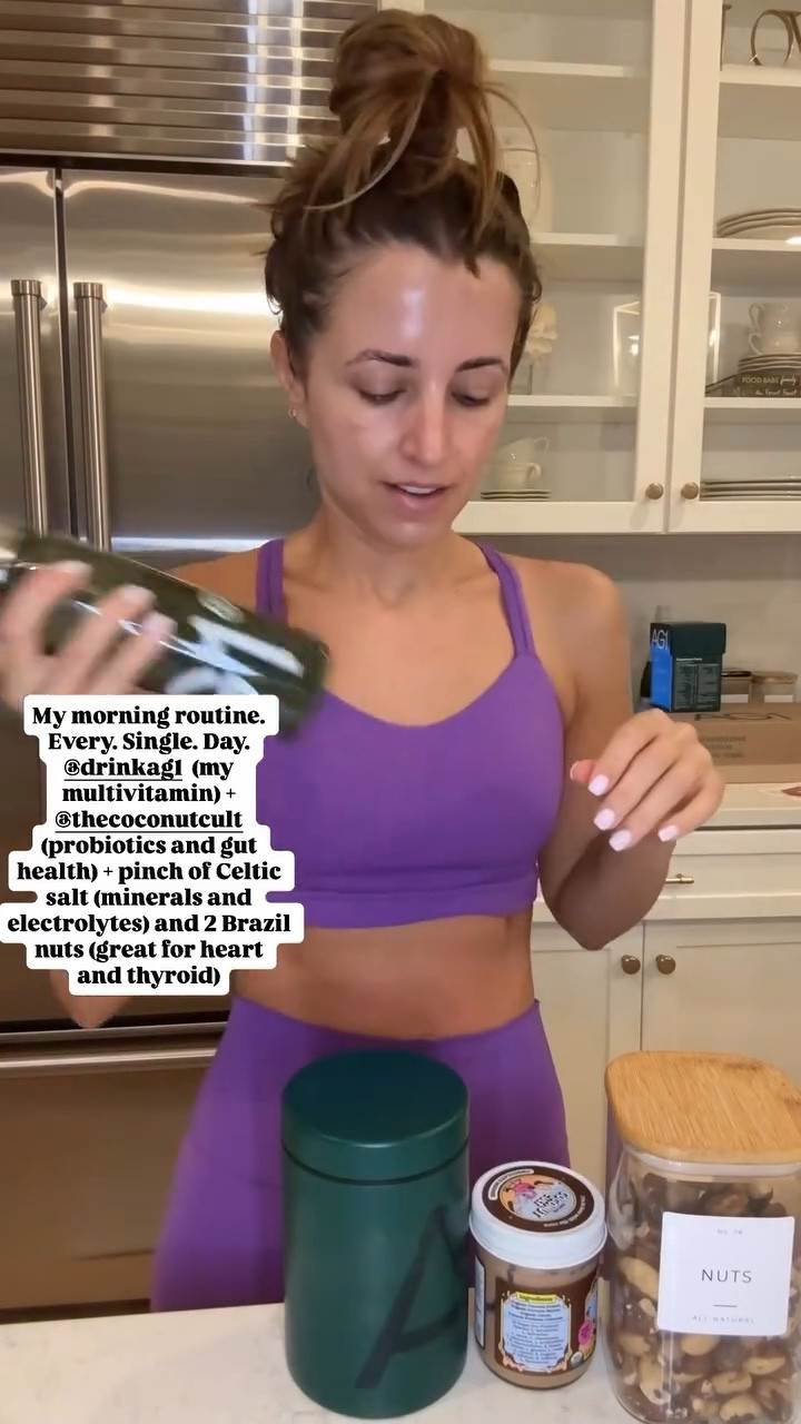 My morning routine. Every. Single. Day. @drinkag1 (my multivitamin) + @thecoconutcult (probiotics and gut health) + pinch of Celtic salt (minerals and electrolytes) and 2 Brazil nuts (great for heart 
and thyroid)