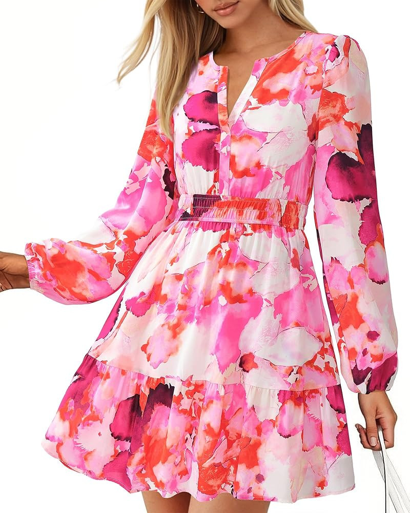 BTFBM Long Sleeve Dress for Women 2026 Spring Summer Mini Elastic Waist Floral Boho Beach Vacatio... | Amazon (US)