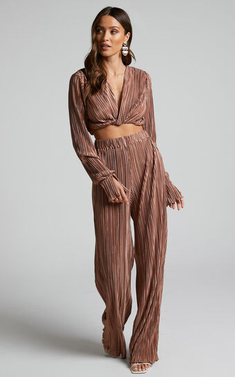 Aluna Two Piece Set - Plisse Twist Front Crop Top and Wide Leg Pants Set in Chocolate | Showpo (US, UK & Europe)