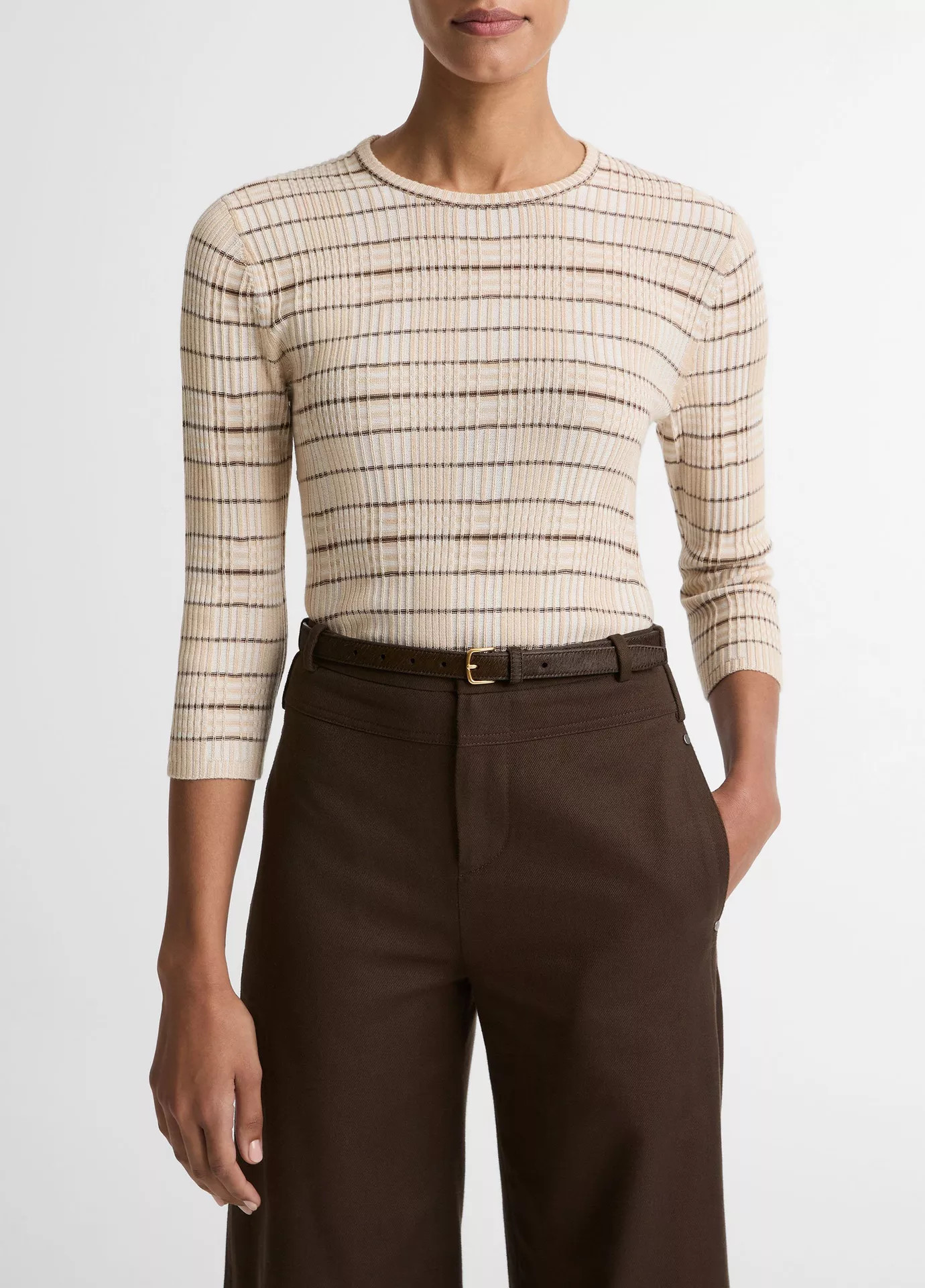 Plaid Wool-Cashmere Elbow-Sleeve Sweater | Vince LLC