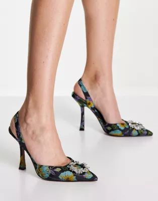 ASOS DESIGN Poppy embellished slingback high heeled shoes in black print | ASOS (Global)