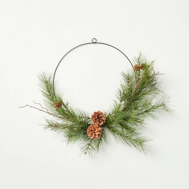 18" Pine Sprigs Seasonal Faux Asymmetrical Wire Wreath Green - Hearth & Hand™ with Magnolia | Target