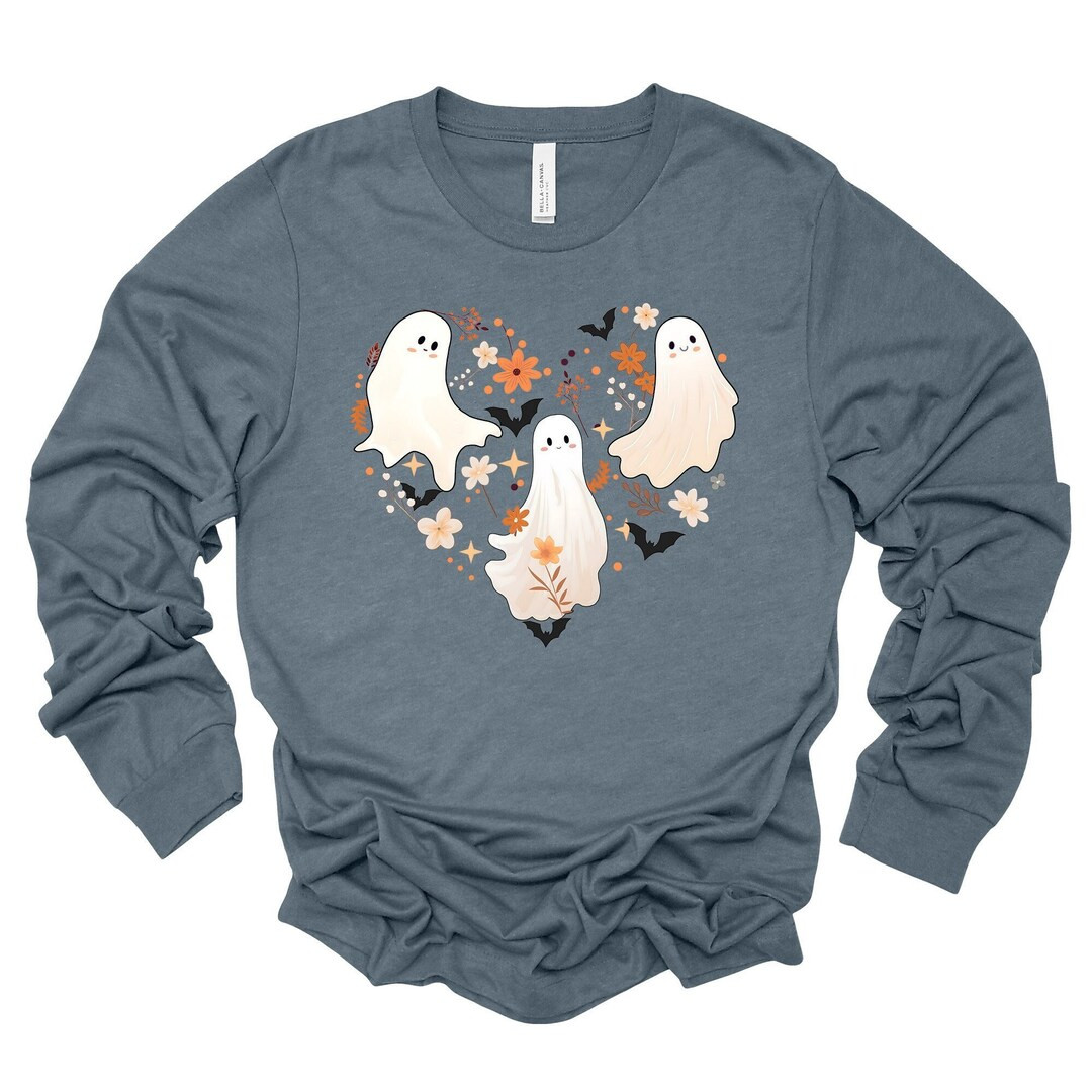 Fall Long Sleeve Tee, Cute Halloween Ghosts, Ghosts in a Heart with Flowers Design, premium unise... | Etsy (US)