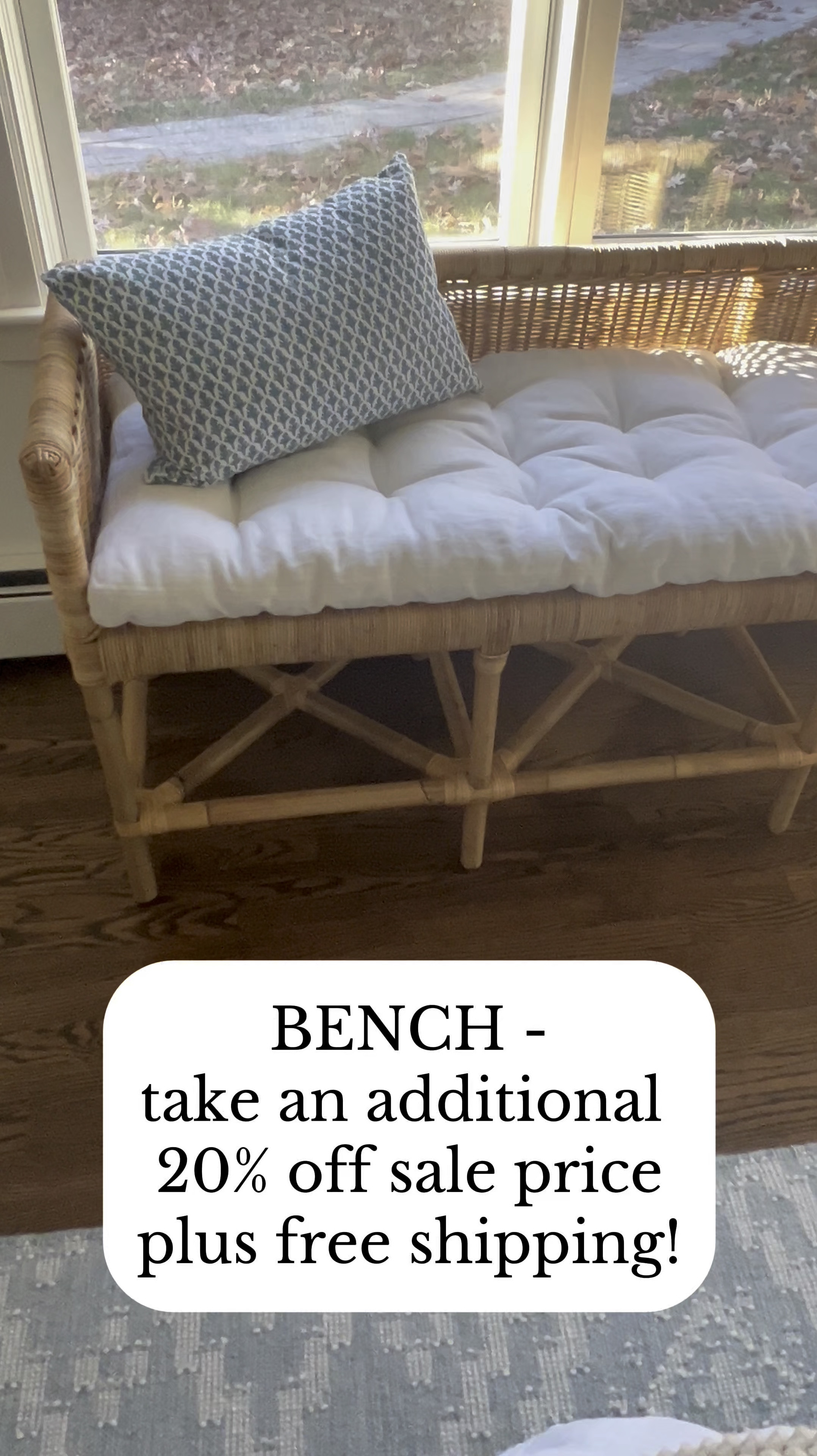Incredible deal on my large, rattan bench - lowest price I've seen on it! Currently 28% off, with an additional 20% off the sale price and free shipping through 12/31 with code JOYFUL! 
--------
Coastal style, Serena & Lily bench, bedroom bench, rattan bench, living room bench, benches on sale, Serena & Lily sale, coastal bedroom furniture, coastal home decor, bench cushion, beach house furniture, beach house decor, after Christmas sales, shore bench, entryway bench, bench for foot of bed, bedroom seating, entryway furniture, foyer furniture, bedroom furniture on sale, rattan furniture, tent sale

#LTKStyleTip #LTKHome #LTKSaleAlert