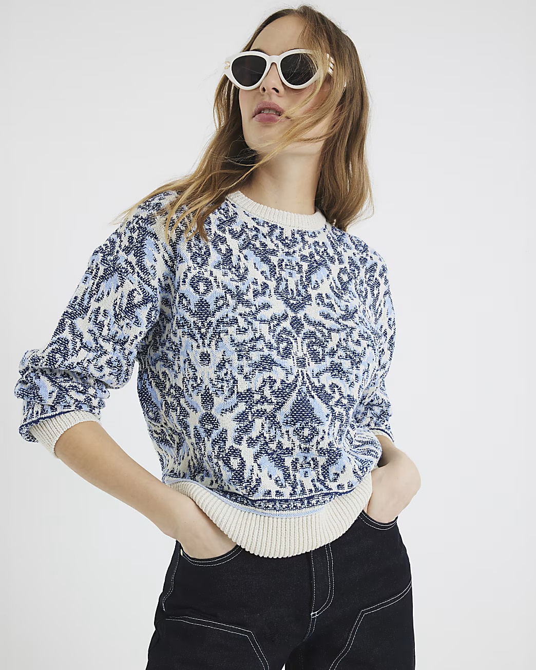Blue Paisley Jacquard Jumper | River Island UK & IE