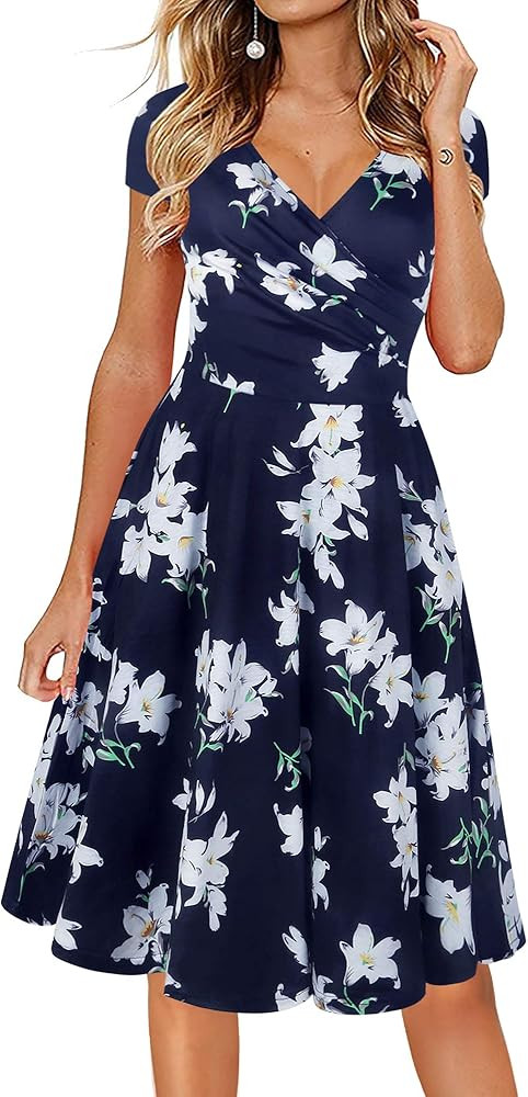 oxiuly Women's Casual Dresses Criss-Cross V-Neck Floral Flare Midi Summer Dress OX233 | Amazon (US)
