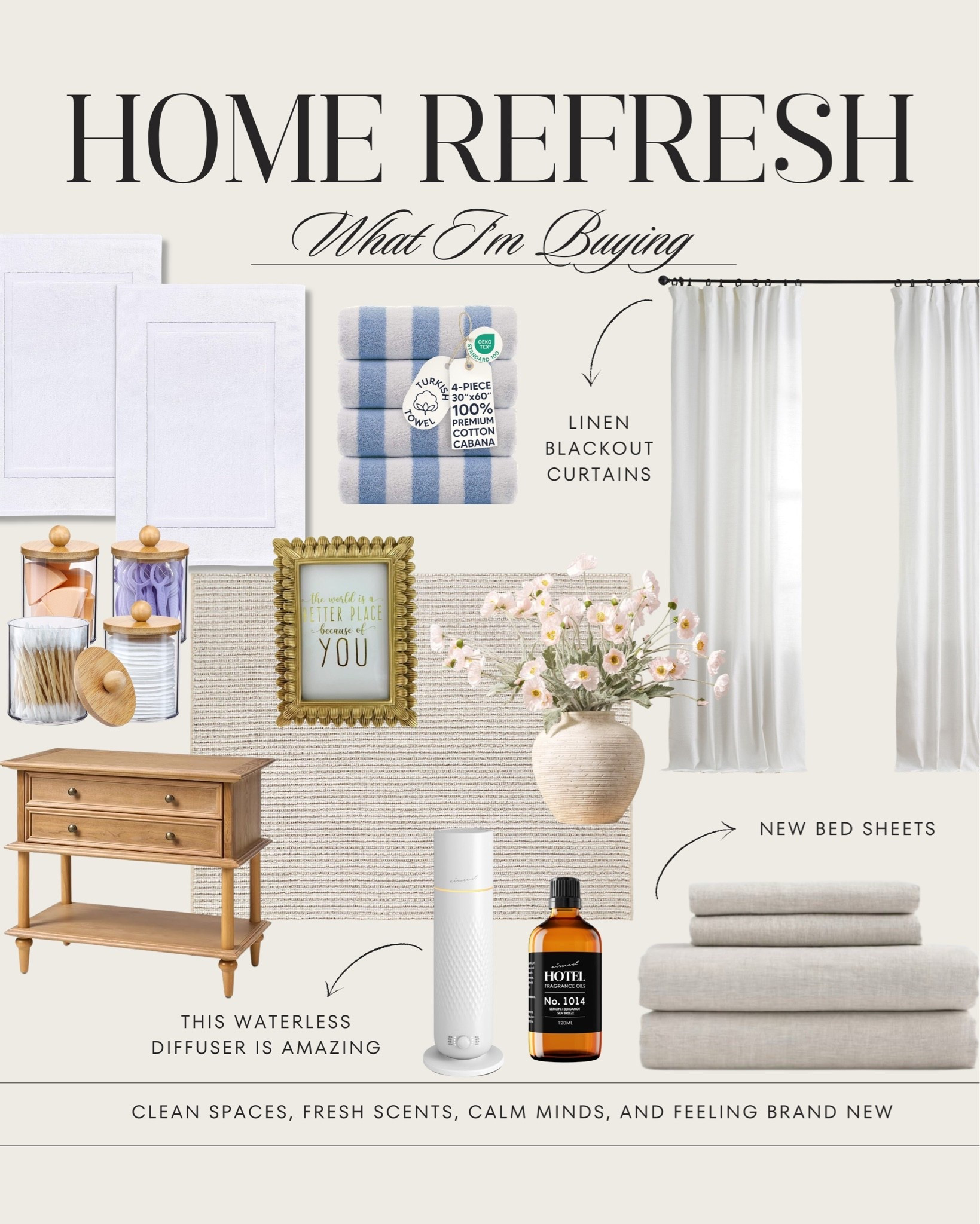 Home refresh - what I’m buying 
Linen blackout Curtains, bed sheets, bathroom accessories, waterless diffuser, photo frames, rugs, nightstand.

#LTKU #LTKSeasonal #LTKootd