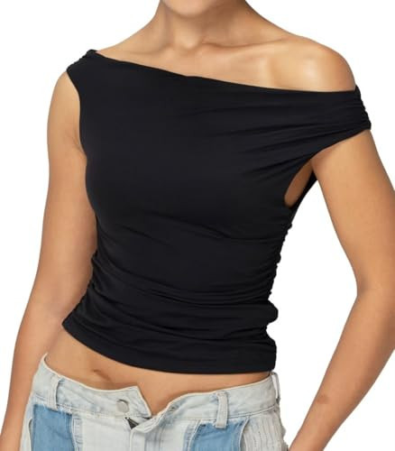 Sunzel Women's Off Shoulder Sleeveless Crop Top, Y2K Trendy Going Out Tank Shirt, Asymmetrical Neckline & Ruched Detail Black Medium | Amazon (US)